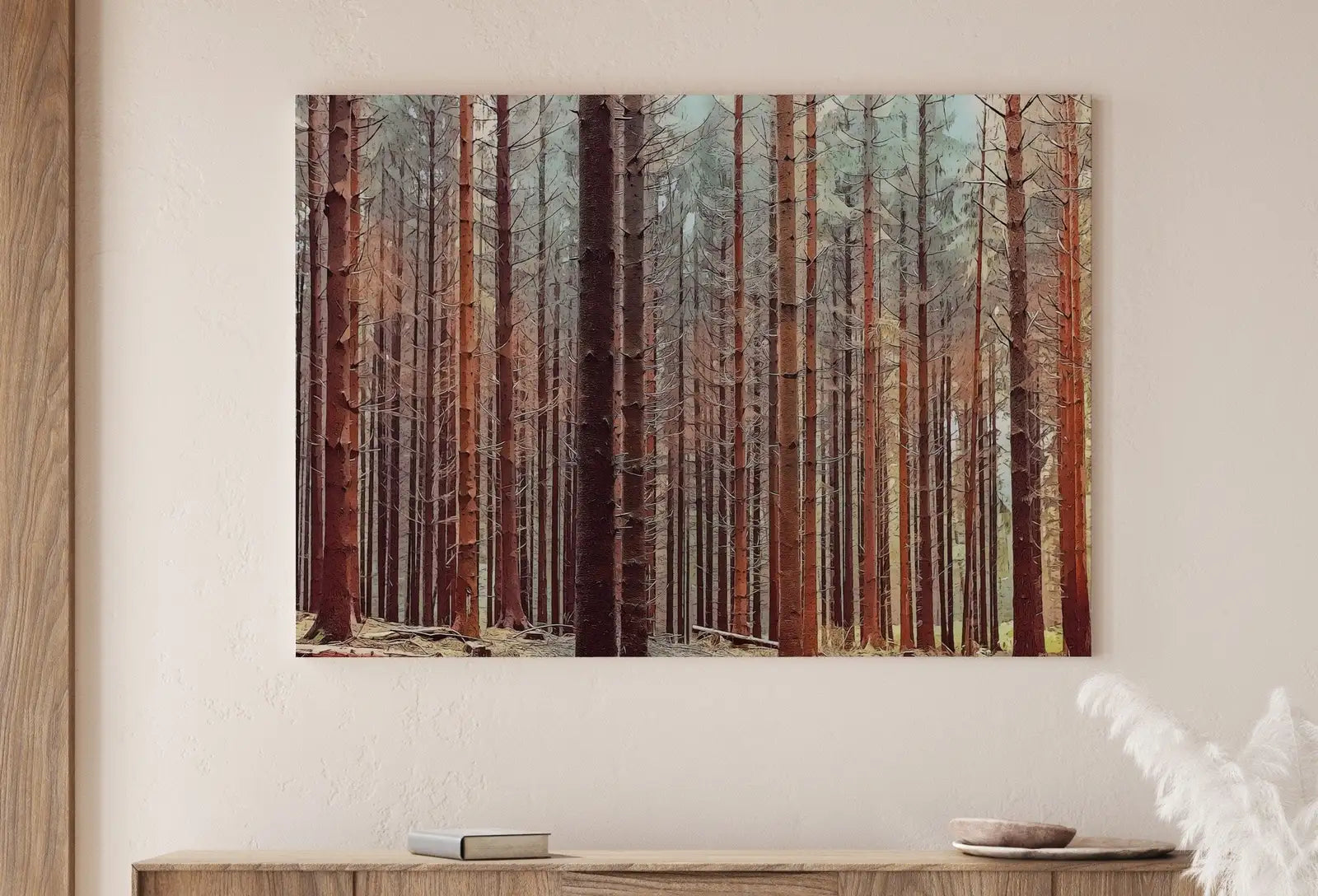 Detail view of artwork from Dense Forest Trees Landscape Painting. Nature Landscape Printable Wall Art Painting. Forest Horizontal Wall Art, Nature Forest Art Print. (variation 1)