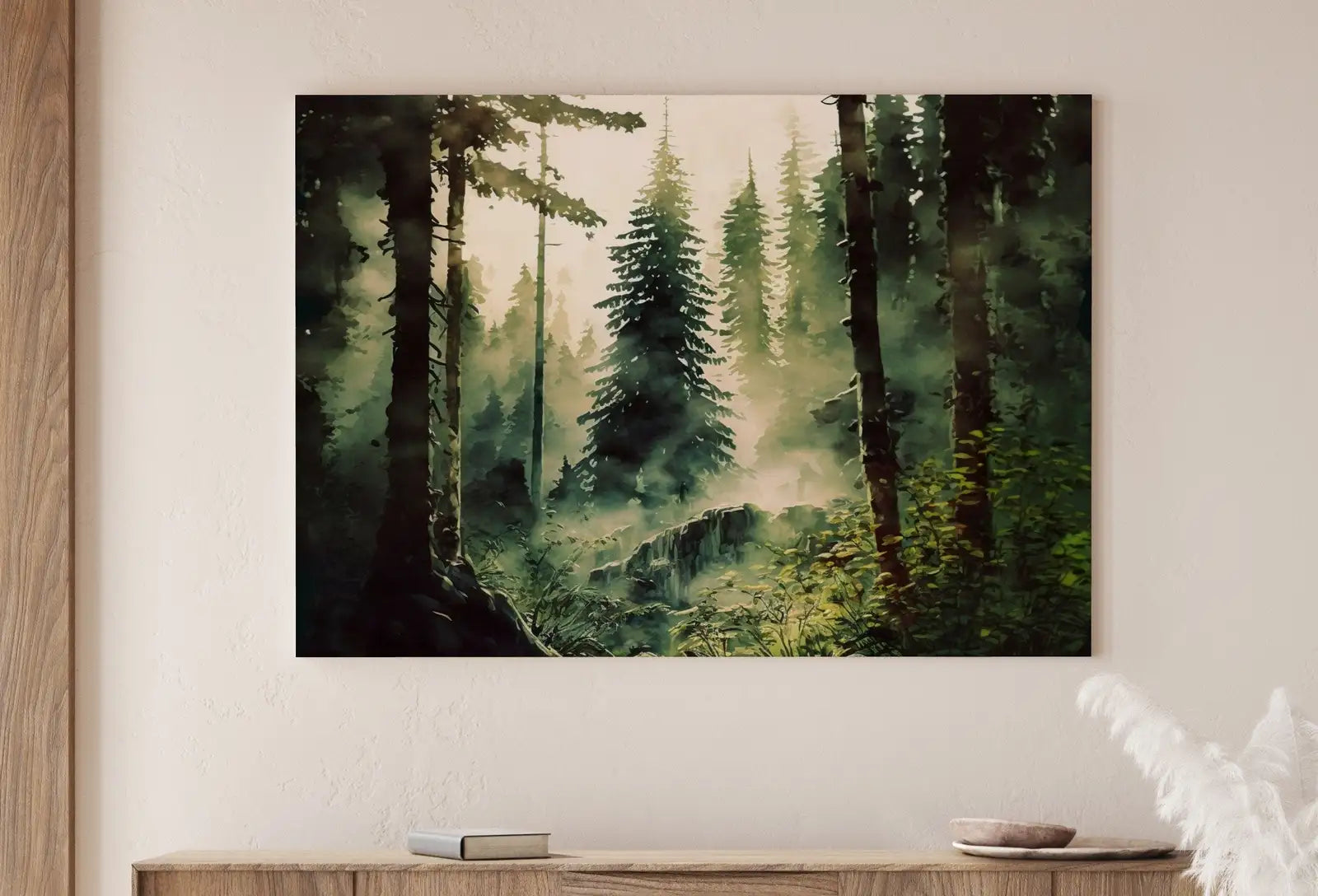 Detail view of artwork from Dense Forest Watercolor Printable Landscape. Printable Wall Art. Digital Art. Green Forest Trees Painting Print. Nature Decor. Forest Art. (variation 1)