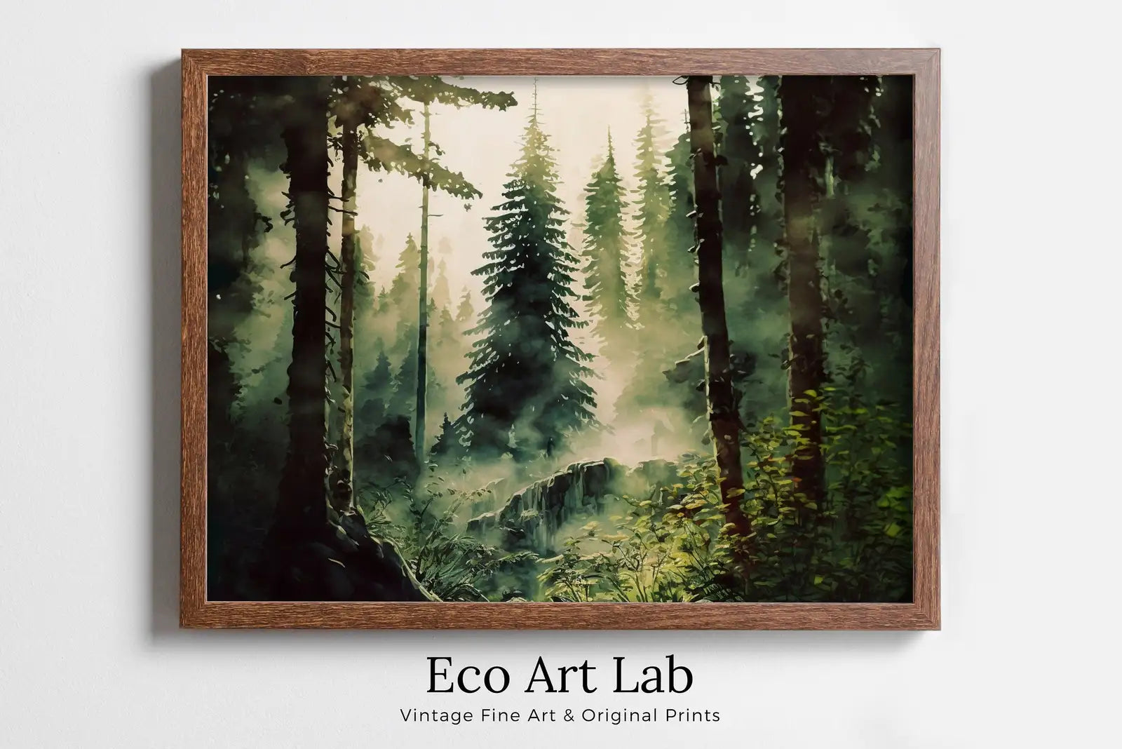 Framed view of Dense Forest Watercolor Printable Landscape. Printable Wall Art. Digital Art. Green Forest Trees Painting Print. Nature Decor. Forest Art – printable wall art digital download.