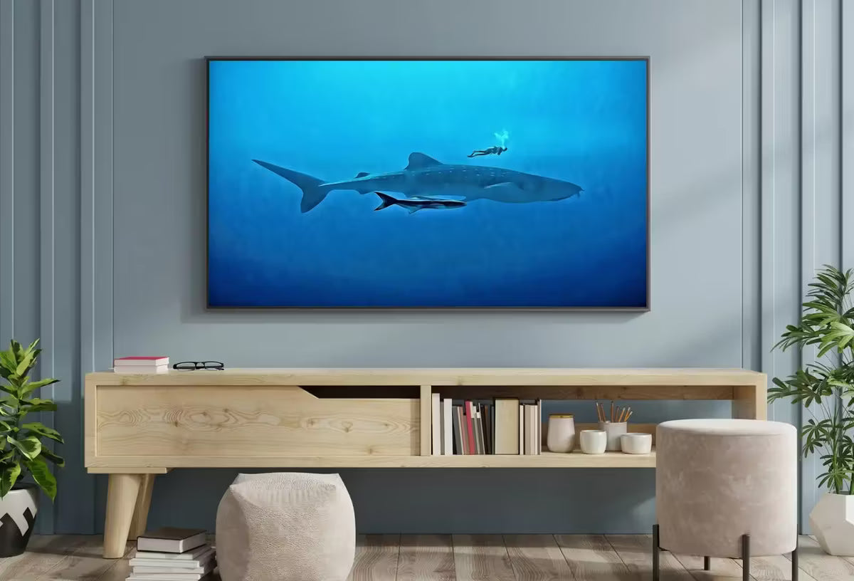 Diver With Sharks in Deep Water Frame TV Art. Frame TV Art , Art for Tv, Colorful Art for Frame TV, Ocean Wall Art – Frame TV  Art