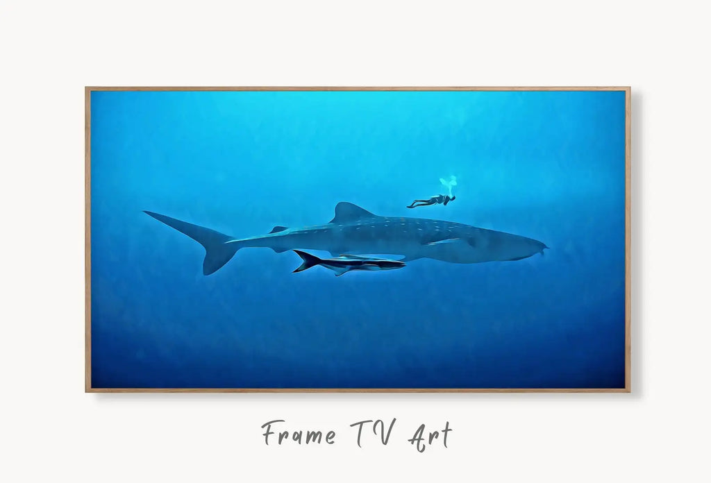 Diver With Sharks in Deep Water Frame TV Art. Frame TV Art Digital Download, Art for Tv, Colorful Art for Frame TV, Ocean Wall Art displayed on Samsung Frame TV on a living room wall.