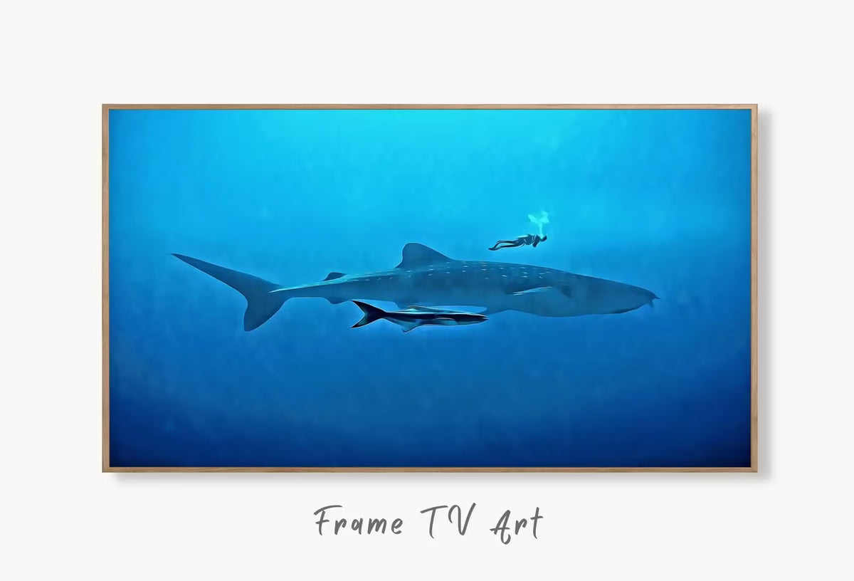 Diver With Sharks in Deep Water Frame TV Art. Frame TV Art , Art for Tv, Colorful Art for Frame TV, Ocean Wall Art – Frame TV  Art