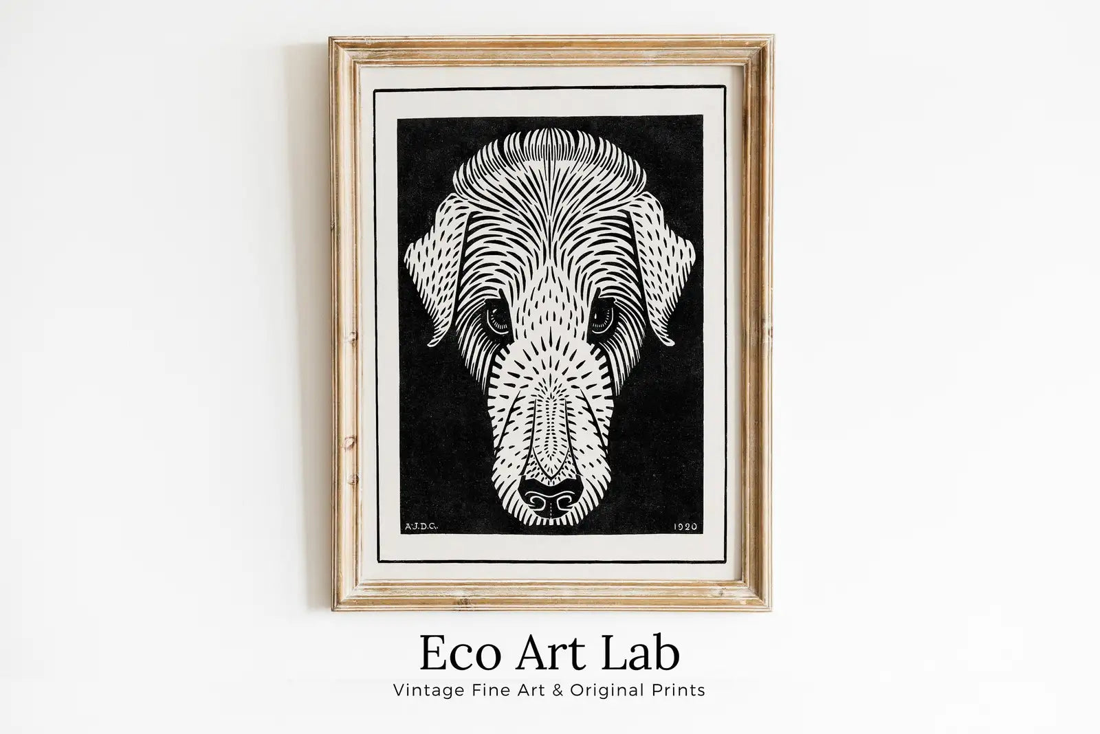Framed view of Dog's Head Painting Vintage Art Nouveau Print Wall Art. Instant Download Dog Poster Julie De Graag Printable Wall Art. Art Nouveau Poster – printable wall art digital download.