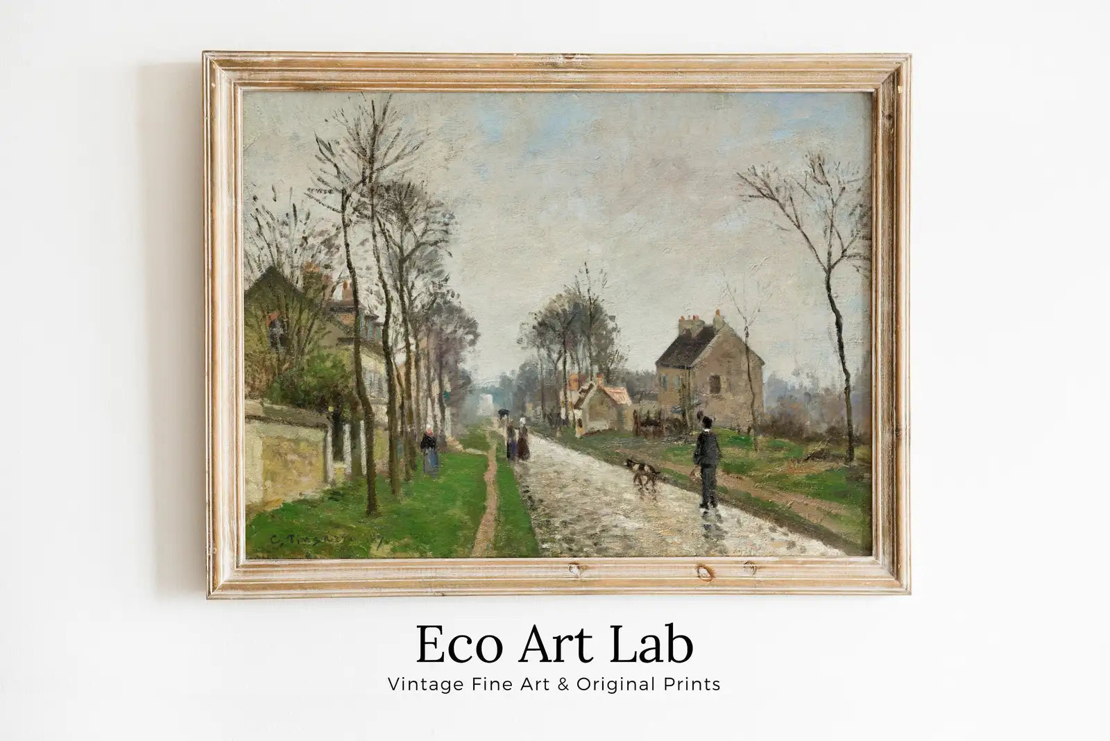 Framed view of European Village Rain Landscape Vintage Oil Painting. Impressionist Landscape Print. Classic Antique Art Print. Printable Digital Download – printable wall art digital download.