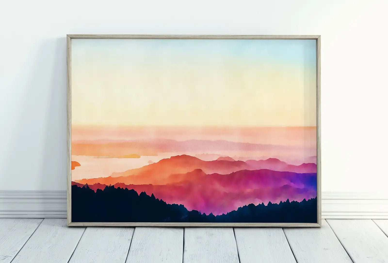 Framed view of Evening in the Mountains Abstract Wall Art Digital Print. Abstract Print Instant Download Printable Wall Art Sunset Colors Minimalist Poster – printable wall art digital download.