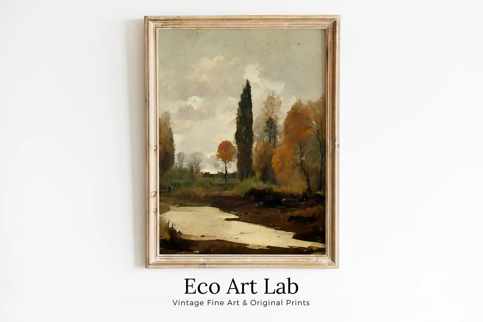 Framed view of Fall Art. Muted Colors Rustic Autumn Landscape Printable Painting. Digital Download. Country Decor Nature Landscape. Moody Vintage Art Print – printable wall art digital download.
