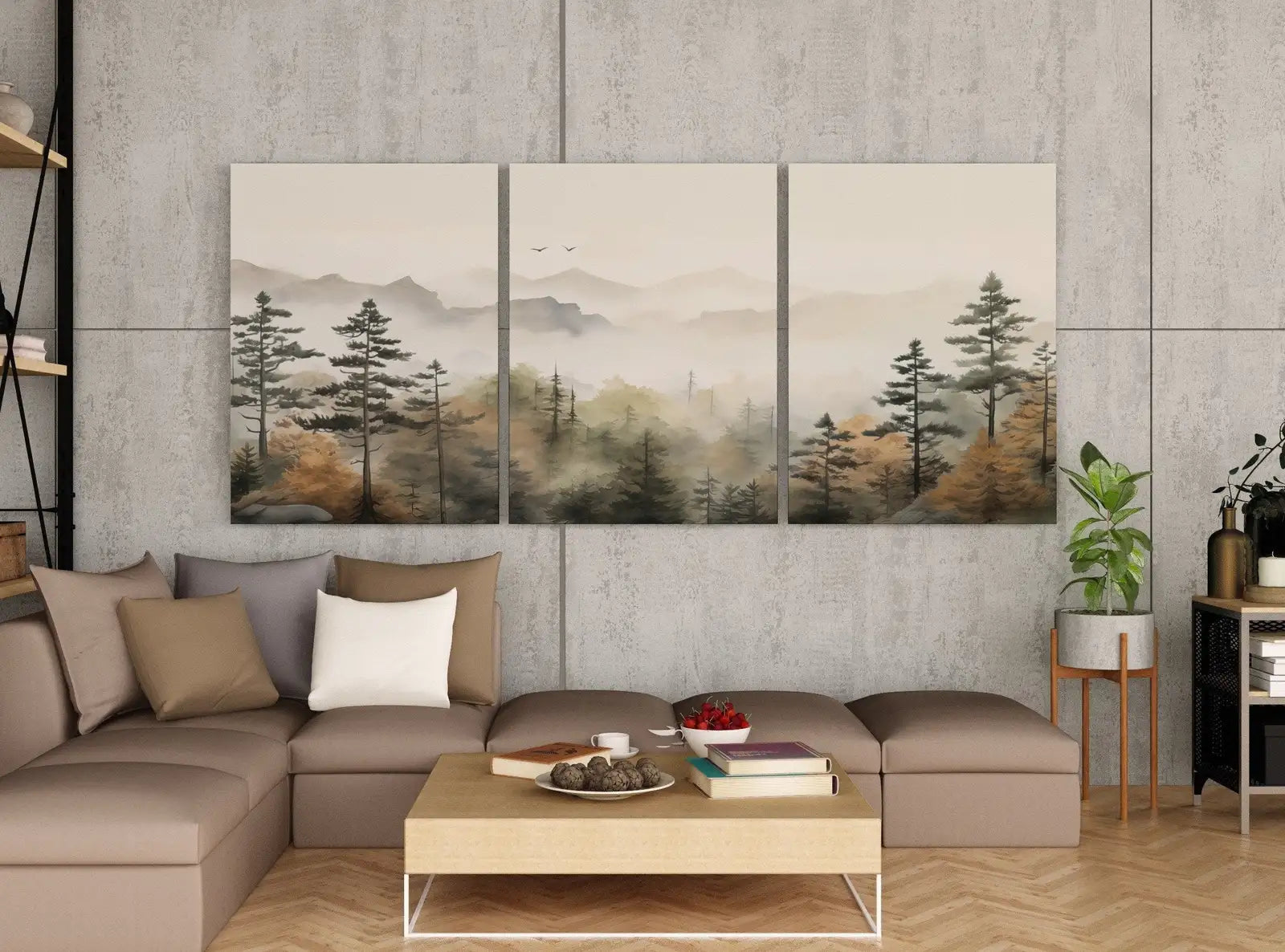 Tableau mural en 3 pièces de forêt et montagne en automne. Tableau de nature abstraite. Paysage d’automne à l’aquarelle. Décoration moderne et minimaliste. Art mural de forêt de pins.