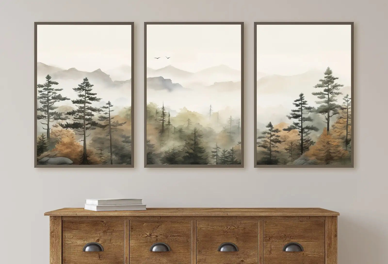 Tableau mural en 3 pièces de forêt et montagne en automne. Tableau de nature abstraite. Paysage d’automne à l’aquarelle. Décoration moderne et minimaliste. Art mural de forêt de pins.