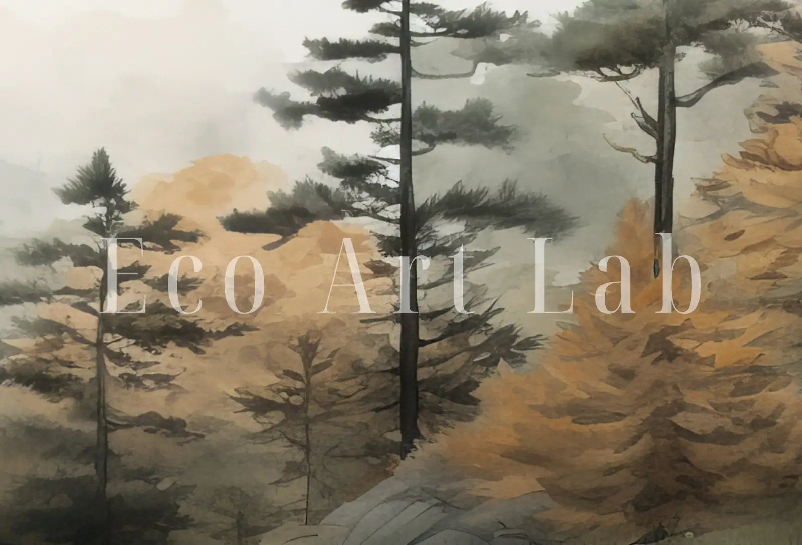 Tableau mural en 3 pièces de forêt et montagne en automne. Tableau de nature abstraite. Paysage d’automne à l’aquarelle. Décoration moderne et minimaliste. Art mural de forêt de pins.