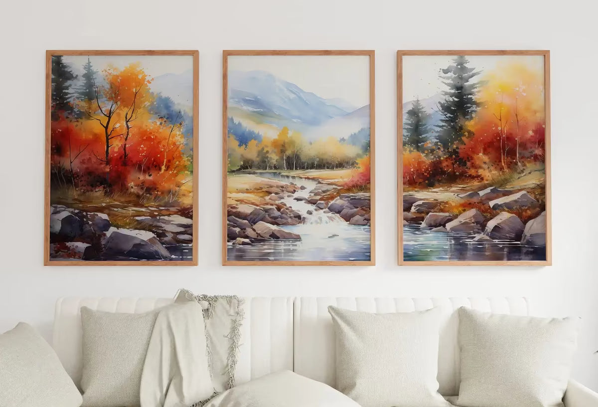 Fall Forest & River 3 Piece Wall Art | Watercolor Autumn Landscape | Abstract Nature Print | Modern Colorful Decor | Pine Forest Wall Art