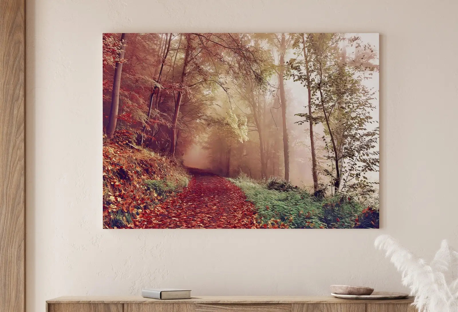 Detail view of artwork from Fall Landscape Foggy Forest Trail Digital Painting. Printable Fall Wall Art. Home or Office Decor, Nature Print Digital Art Instant Download. (variation 1)