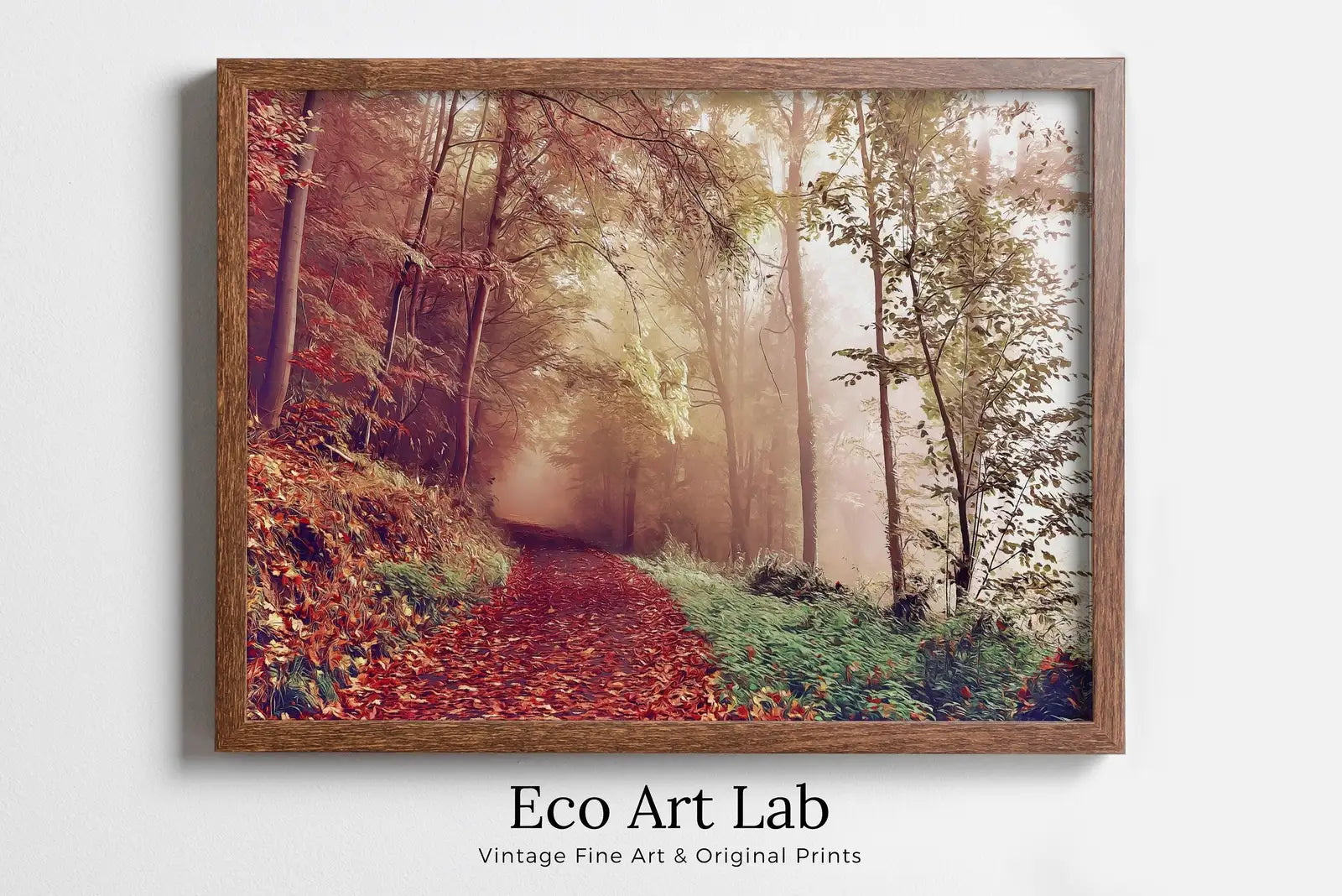 Framed view of Fall Landscape Foggy Forest Trail Digital Painting. Printable Fall Wall Art. Home or Office Decor, Nature Print Digital Art Instant Download – printable wall art digital download.