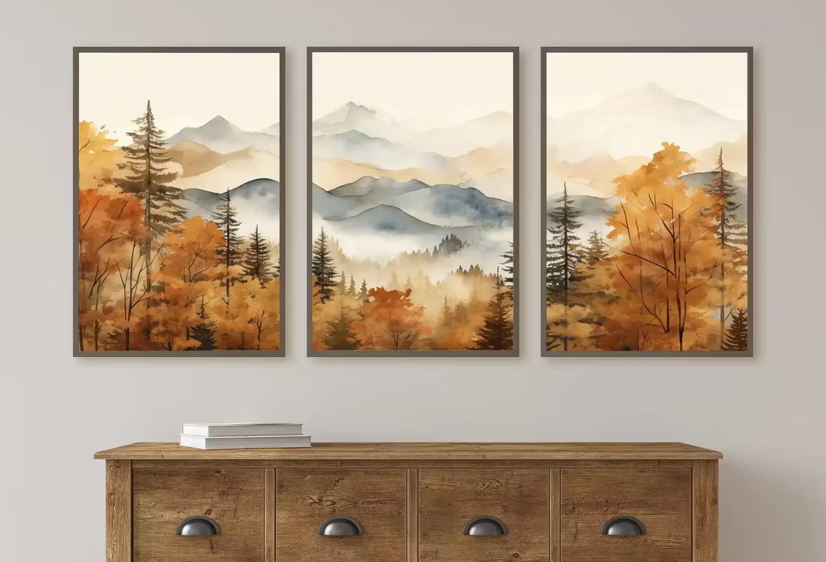Fall Mountain & Forest 3 Piece Wall Art | Abstract Nature Print | Watercolor Autumn Landscape | Modern Minimal Decor | Pine Forest Wall Art – Printable Wall Art