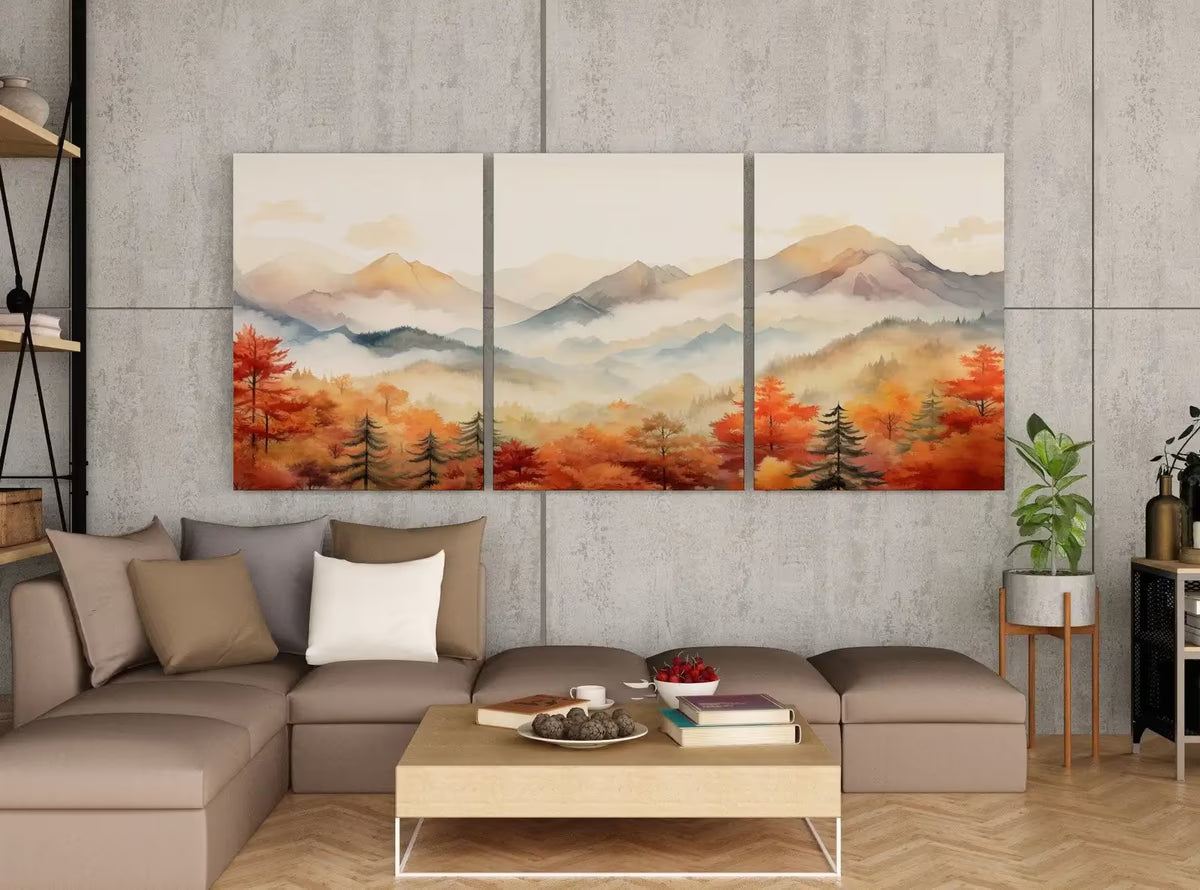 Fall Mountain & Forest 3 Piece Wall Art | Watercolor Autumn Landscape | Abstract Nature Print | Modern Minimal Decor | Pine Forest Wall Art – Printable Wall Art