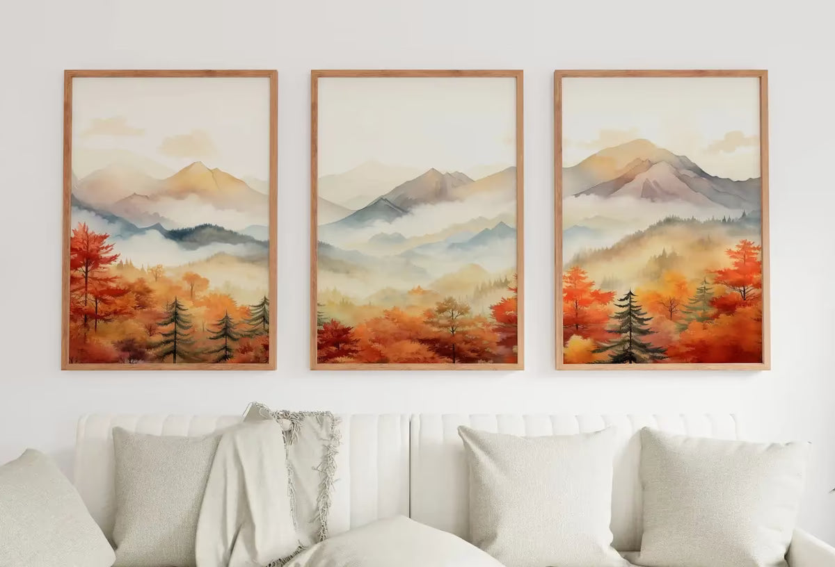 Fall Mountain & Forest 3 Piece Wall Art | Watercolor Autumn Landscape | Abstract Nature Print | Modern Minimal Decor | Pine Forest Wall Art – Printable Wall Art