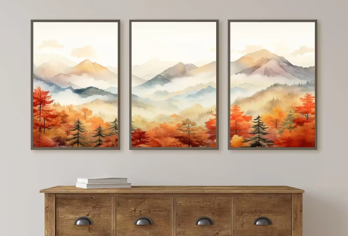 Fall Mountain & Forest 3 Piece Wall Art | Watercolor Autumn Landscape | Abstract Nature Print | Modern Minimal Decor | Pine Forest Wall Art – Printable Wall Art