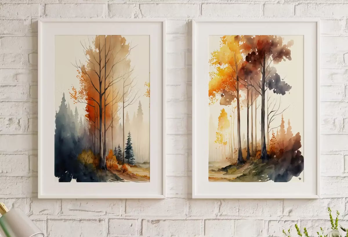 Fall Watercolor Forest Landscape Printable. Printable Wall Art. Set of 2 Prints. Autumn Forest Trees Painting. Nature Decor. Forest Art – Printable Wall Art Set