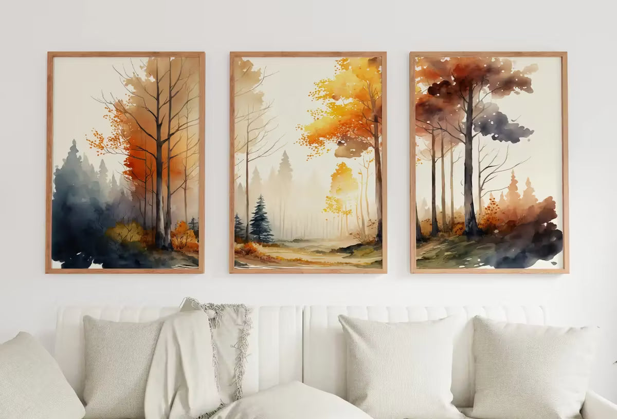 Fall Watercolor Forest Landscape. Printable Wall Art. Set of 3 Prints. Autumn Forest Painting. Gallery Wall Set. Nature Decor. Forest Art – Printable Wall Art Set