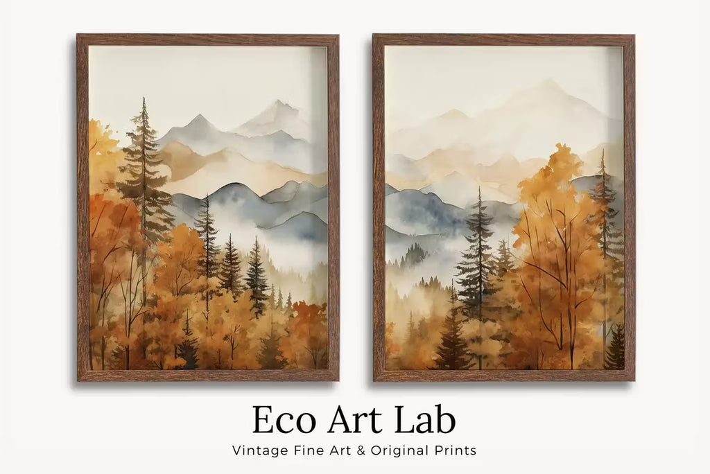 Fall Watercolor Forest Mountain Landscape Printable. Printable Wall Art. Set of 2 Prints. Autumn Forest Trees Painting. Nature Decor. – Printable Wall Art Set