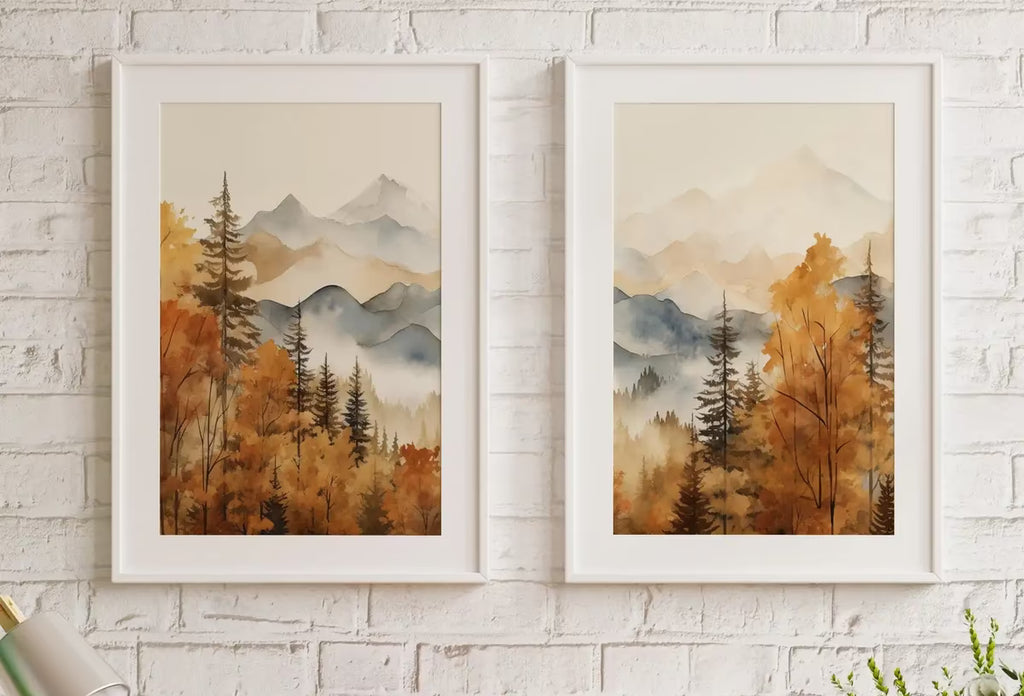 Fall Watercolor Forest Mountain Landscape Printable. Printable Wall Art. Set of 2 Prints. Autumn Forest Trees Painting. Nature Decor. – Printable Wall Art Set