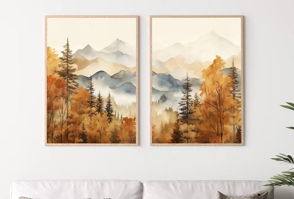 Fall Watercolor Forest Mountain Landscape Printable. Printable Wall Art. Set of 2 Prints. Autumn Forest Trees Painting. Nature Decor. – Printable Wall Art Set