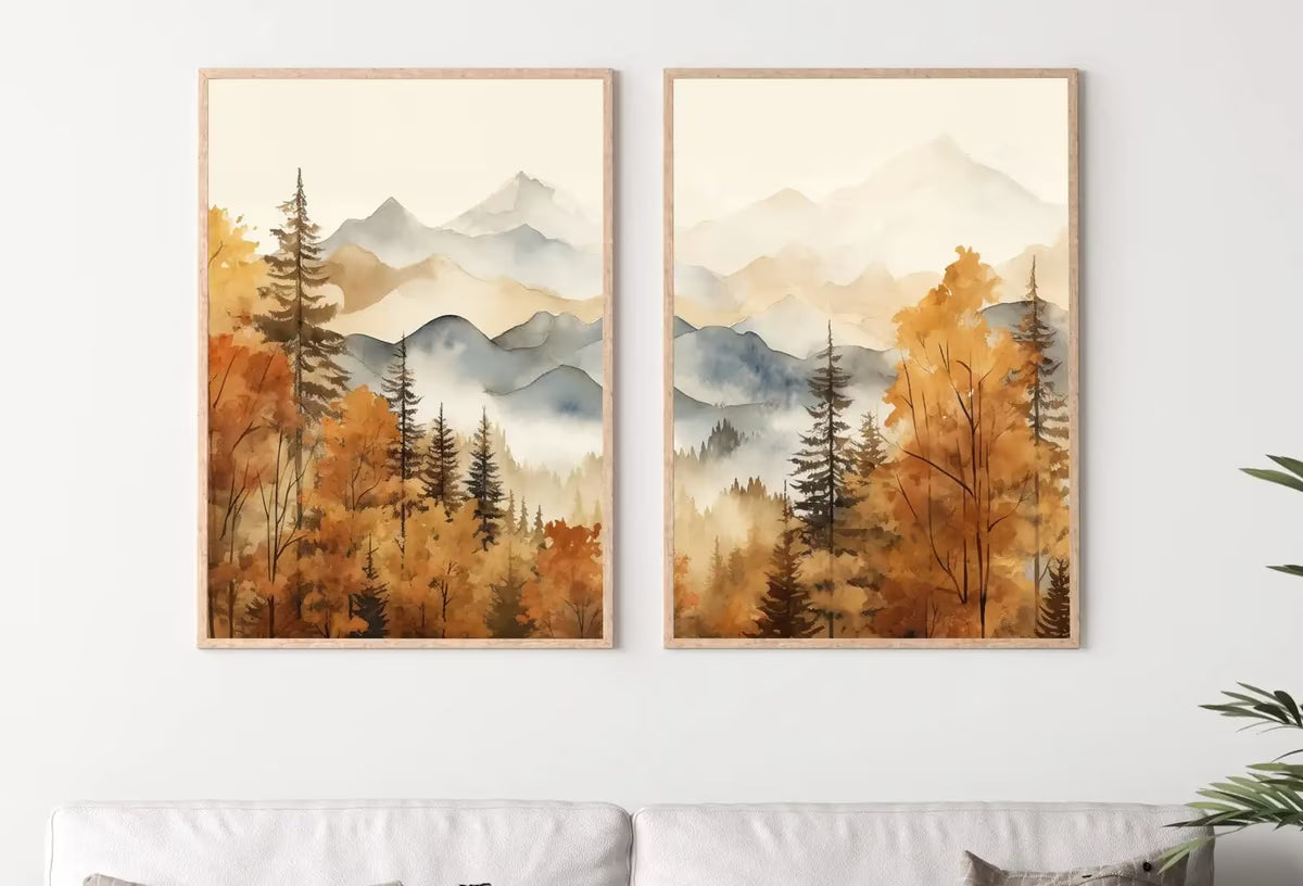 Fall Watercolor Forest Mountain Landscape Printable. Printable Wall Art. Set of 2 Prints. Autumn Forest Trees Painting. Nature Decor. – Printable Wall Art Set