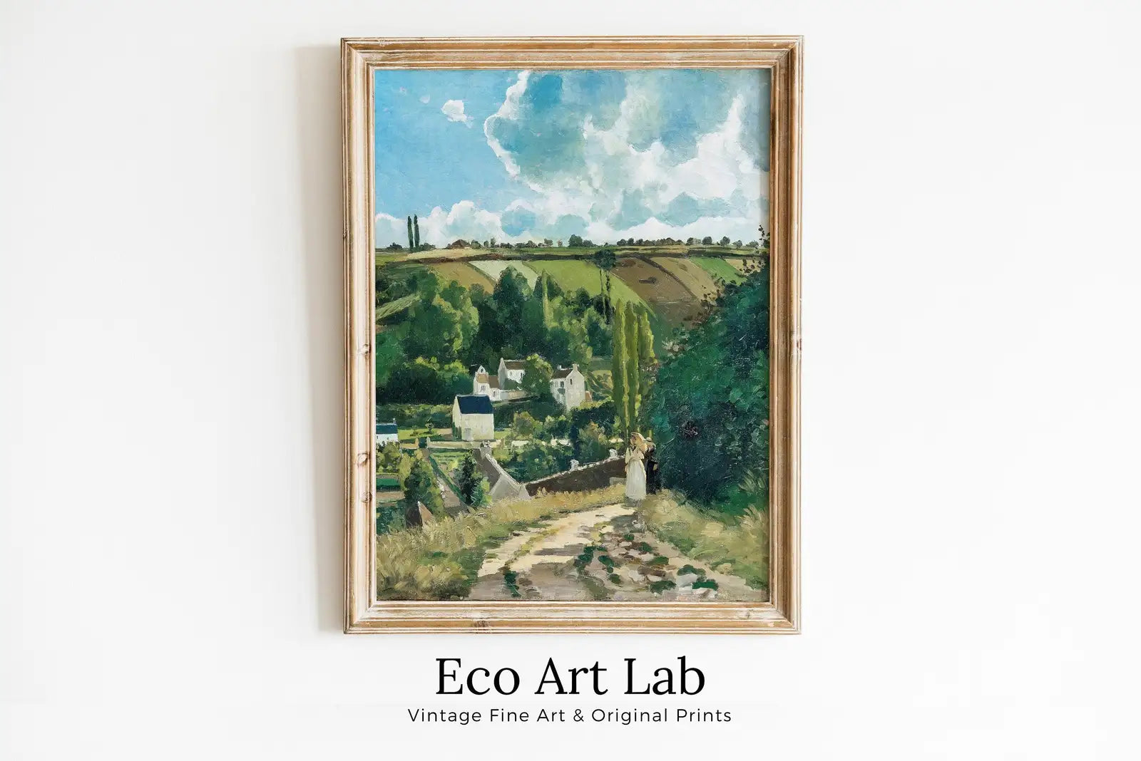 Framed view of Famous Countryside Printable Landscape Painting by Camille Pissarro. Instant Download Vintage Fine Art Print. Country Farmhouse Decor – printable wall art digital download.