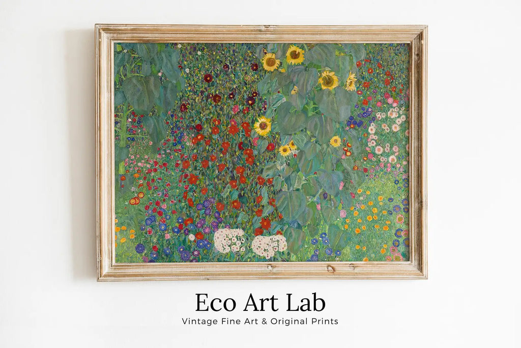 Framed view of Famous Flower Garden Gustav Klimt Painting Printable Wall Art. Instant Download Gustav Klimt Print. Vintage Floral Poster. Art Nouveau Print – printable wall art digital download.