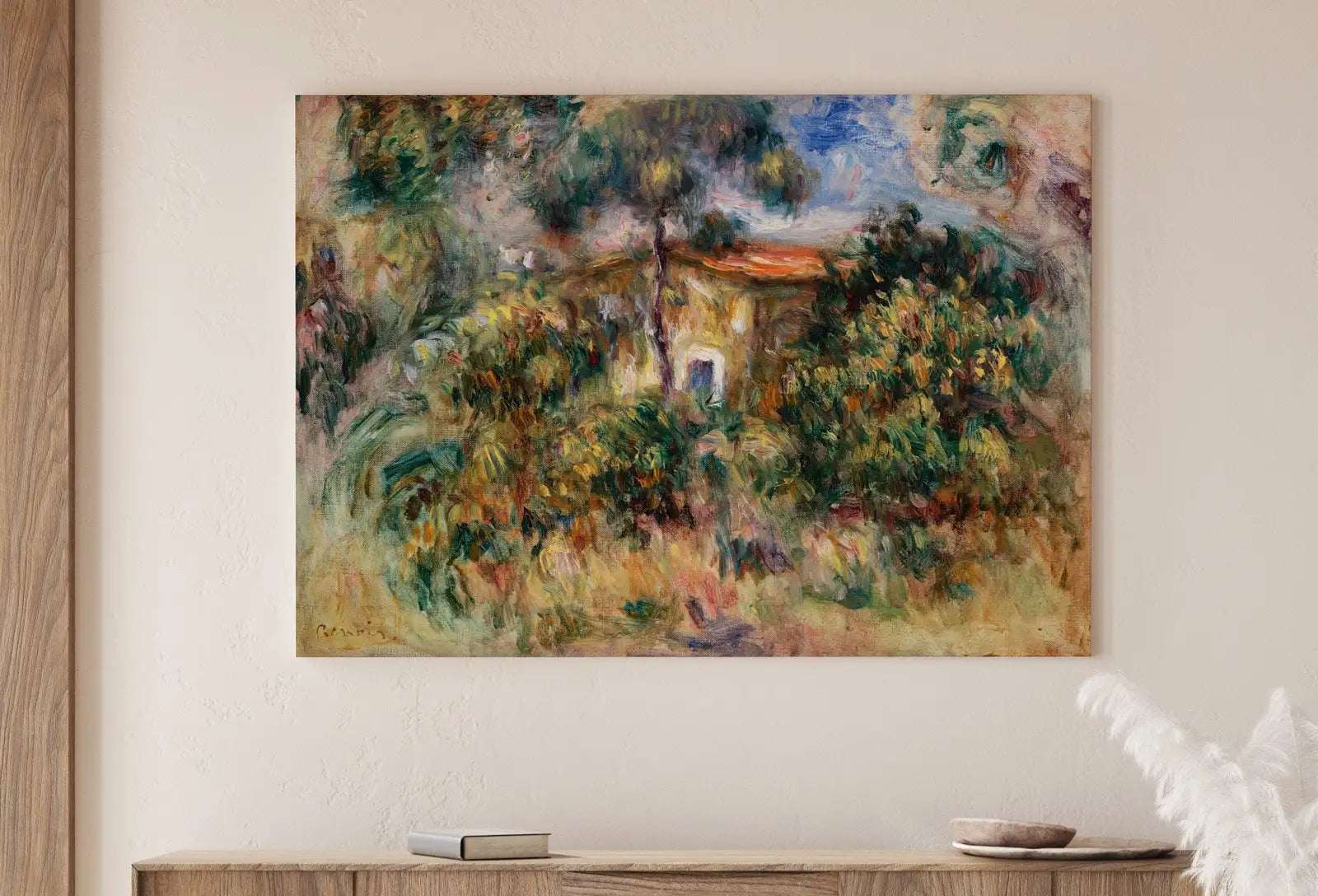 Detail view of artwork from Famous Renoir Print. "Farmhouse" by Auguste Renoir. Vintage Landscape Painting. Printable Wall Art. Antique Oil Painting. Instant Download. (variation 1)