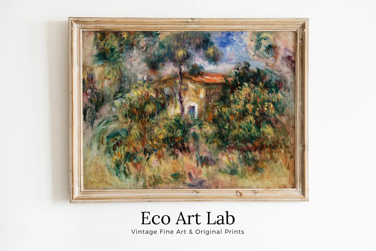 Framed view of Famous Renoir Print. "Farmhouse" by Auguste Renoir. Vintage Landscape Painting. Printable Wall Art. Antique Oil Painting. Instant Download – printable wall art digital download.