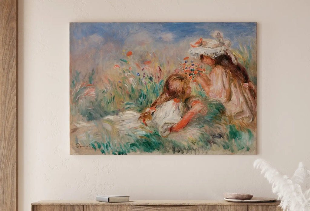 Included artwork preview showing first selection of artworks from Famous Renoir Print. Girls in the Grass by Auguste Renoir. Vintage Garden Painting Printable Wall Art Antique Oil Painting. Instant Download.