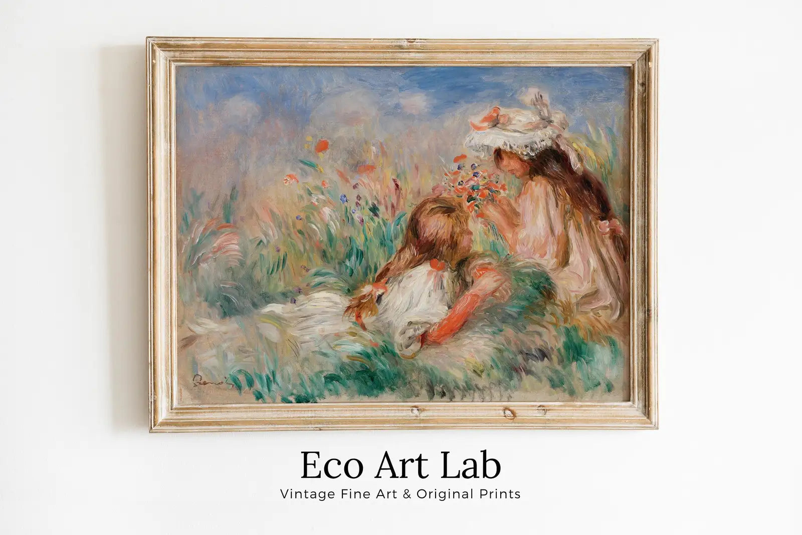 Framed view of Famous Renoir Print. Girls in the Grass by Auguste Renoir. Vintage Garden Painting Printable Wall Art Antique Oil Painting. Instant Download – printable wall art digital download.