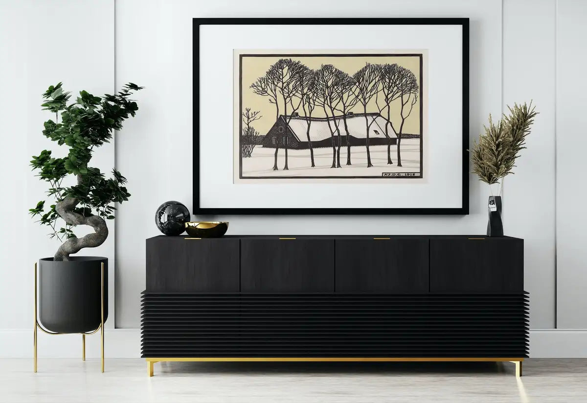 Detail view of artwork from Farm in the Snow Vintage Art Nouveau Print Wall Art. Instant Download Retro Print, Julie De Graag Printable Wall Art. Art Nouveau Poster. (variation 2)