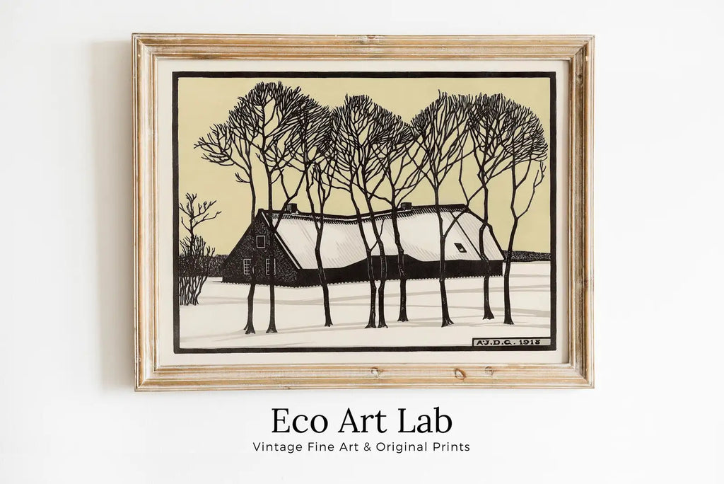 Framed view of Farm in the Snow Vintage Art Nouveau Print Wall Art. Instant Download Retro Print, Julie De Graag Printable Wall Art. Art Nouveau Poster – printable wall art digital download.