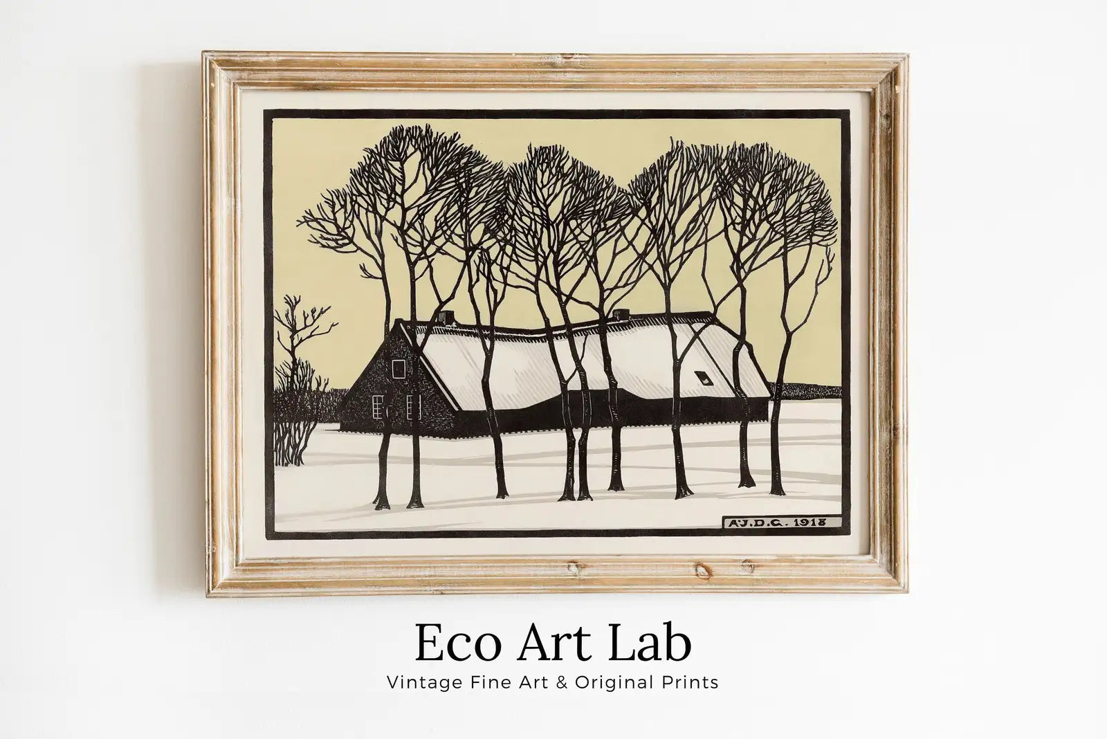 Framed view of Farm in the Snow Vintage Art Nouveau Print Wall Art. Instant Download Retro Print, Julie De Graag Printable Wall Art. Art Nouveau Poster – printable wall art digital download.