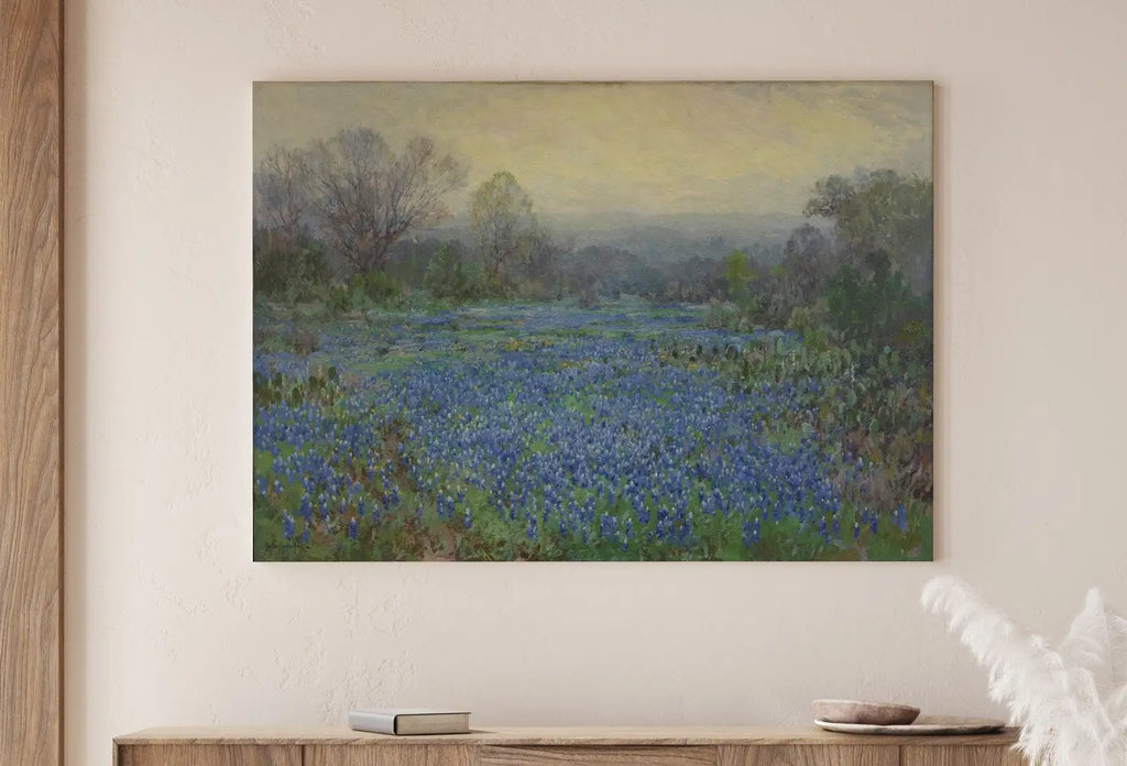Detail view of artwork from Field of Bluebonnets. Printable Spring Meadow Landscape Painting. Vintage Landscape Print Texas Bluebonnets Painting. Flower Field. (variation 1)