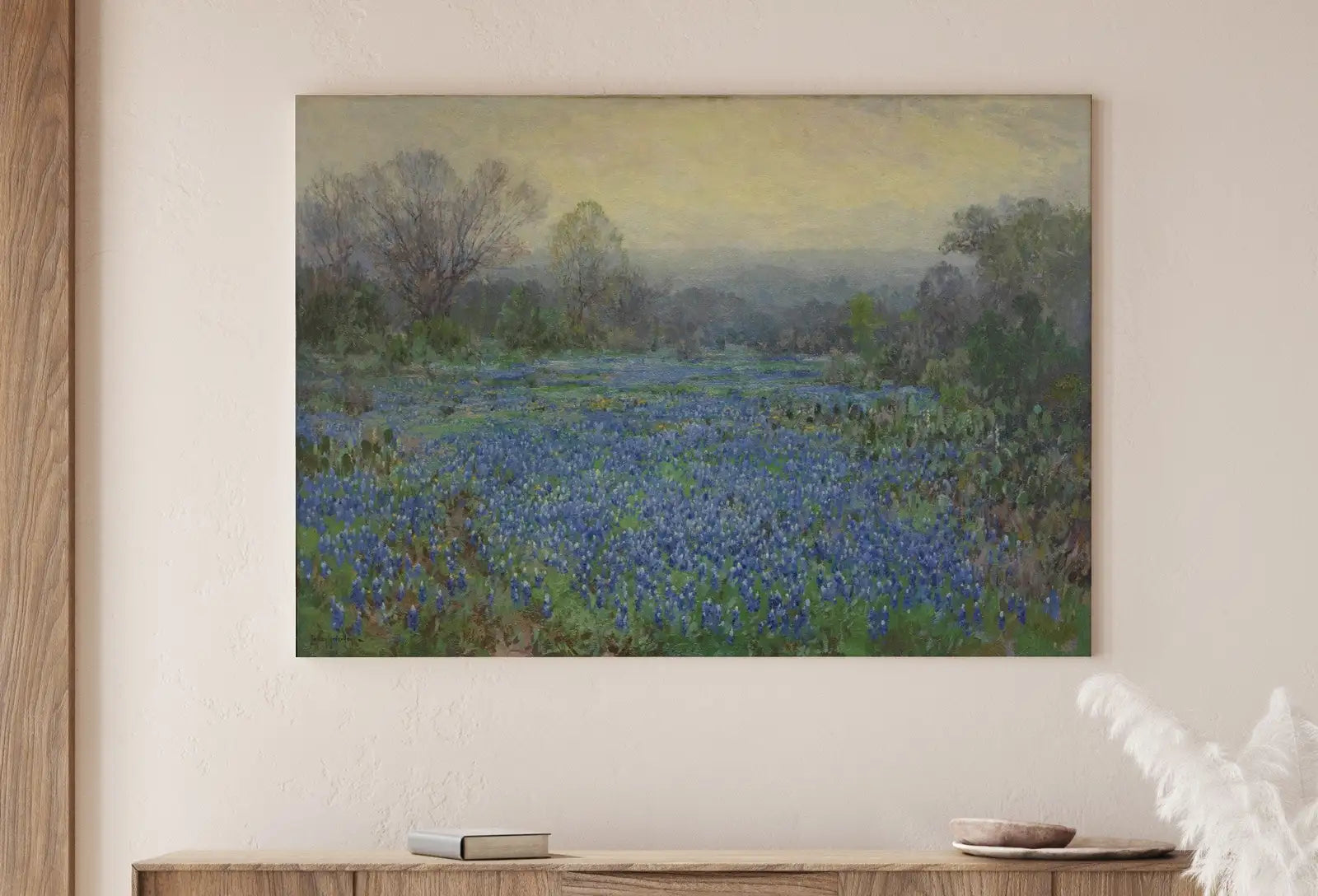 Detail view of artwork from Field of Bluebonnets. Printable Spring Meadow Landscape Painting. Vintage Landscape Print Texas Bluebonnets Painting. Flower Field. (variation 1)