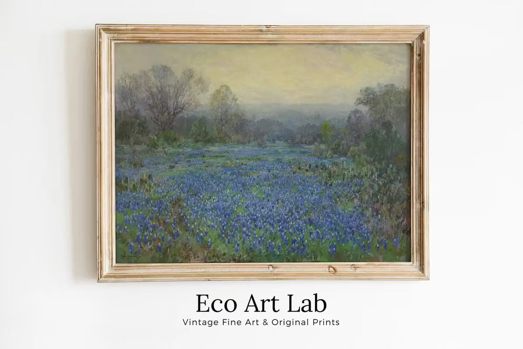 Field of Bluebonnets. Printable Spring Meadow Landscape Painting. Vintage Landscape Print Texas Bluebonnets Painting. Flower Field – Printable Wall Art