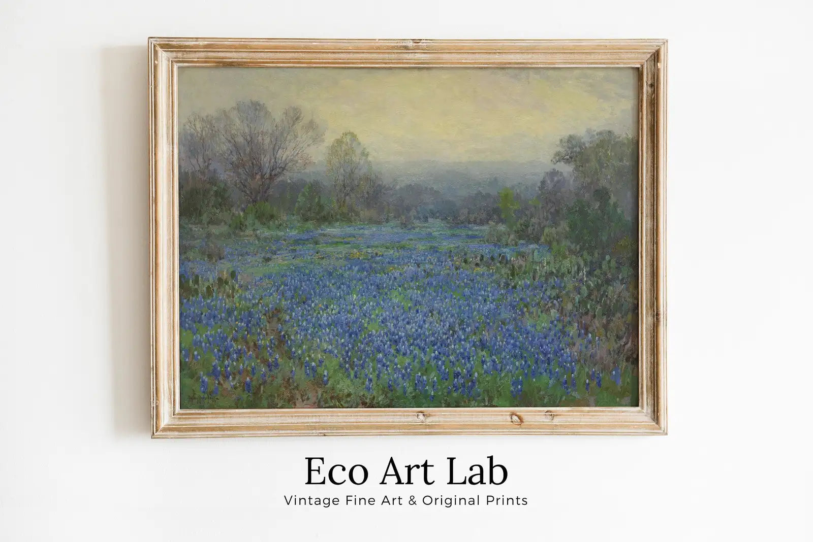 Framed view of Field of Bluebonnets. Printable Spring Meadow Landscape Painting. Vintage Landscape Print Texas Bluebonnets Painting. Flower Field – printable wall art digital download.