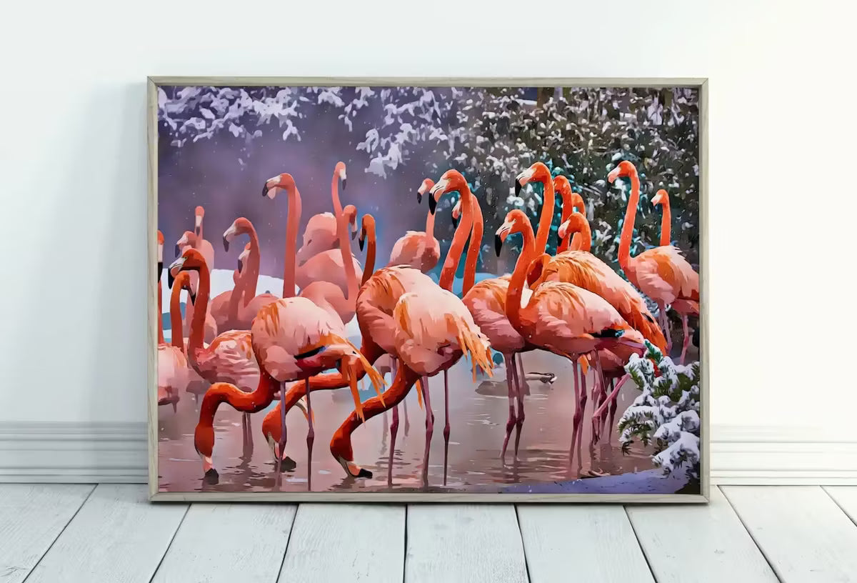 Flamingo Print in Winter, Instant , Printable Wall Art Poster, Birds Photography, Pastel Pink, Tropical Decor – Printable Wall Art