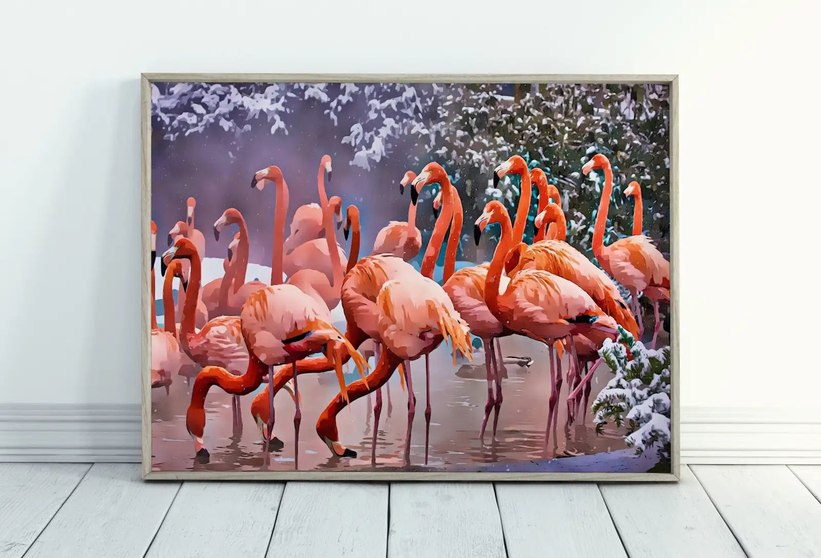 Included artwork preview showing first selection of artworks from Flamingo Print in Winter, Instant Digital Download, Printable Wall Art Poster, Birds Photography, Pastel Pink, Tropical Decor.