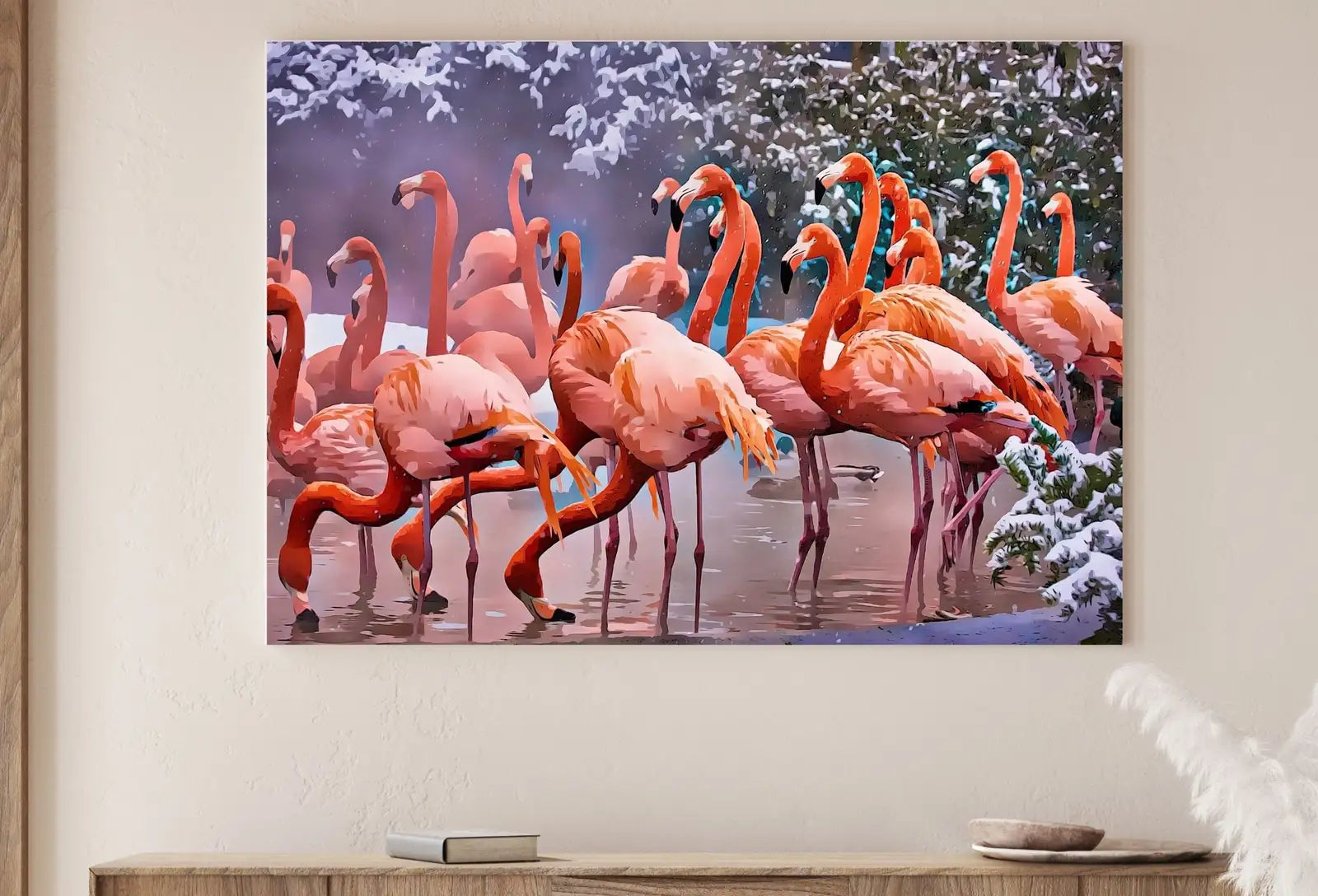 Detail view of artwork from Flamingo Print in Winter, Instant Digital Download, Printable Wall Art Poster, Birds Photography, Pastel Pink, Tropical Decor. (variation 1)