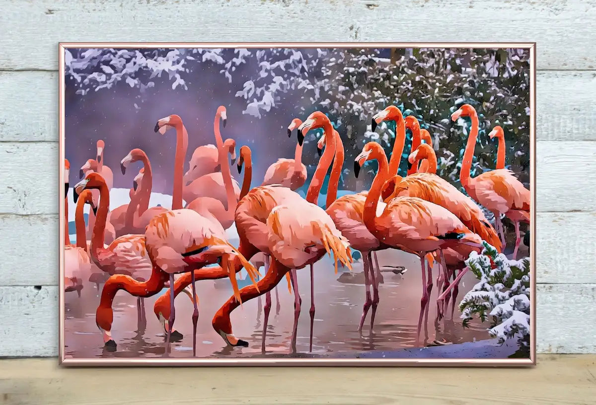Detail view of artwork from Flamingo Print in Winter, Instant Digital Download, Printable Wall Art Poster, Birds Photography, Pastel Pink, Tropical Decor. (variation 2)