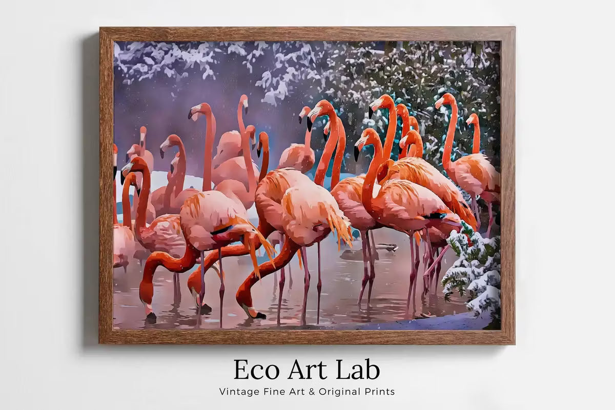 Flamingo Print in Winter, Instant , Printable Wall Art Poster, Birds Photography, Pastel Pink, Tropical Decor – Printable Wall Art