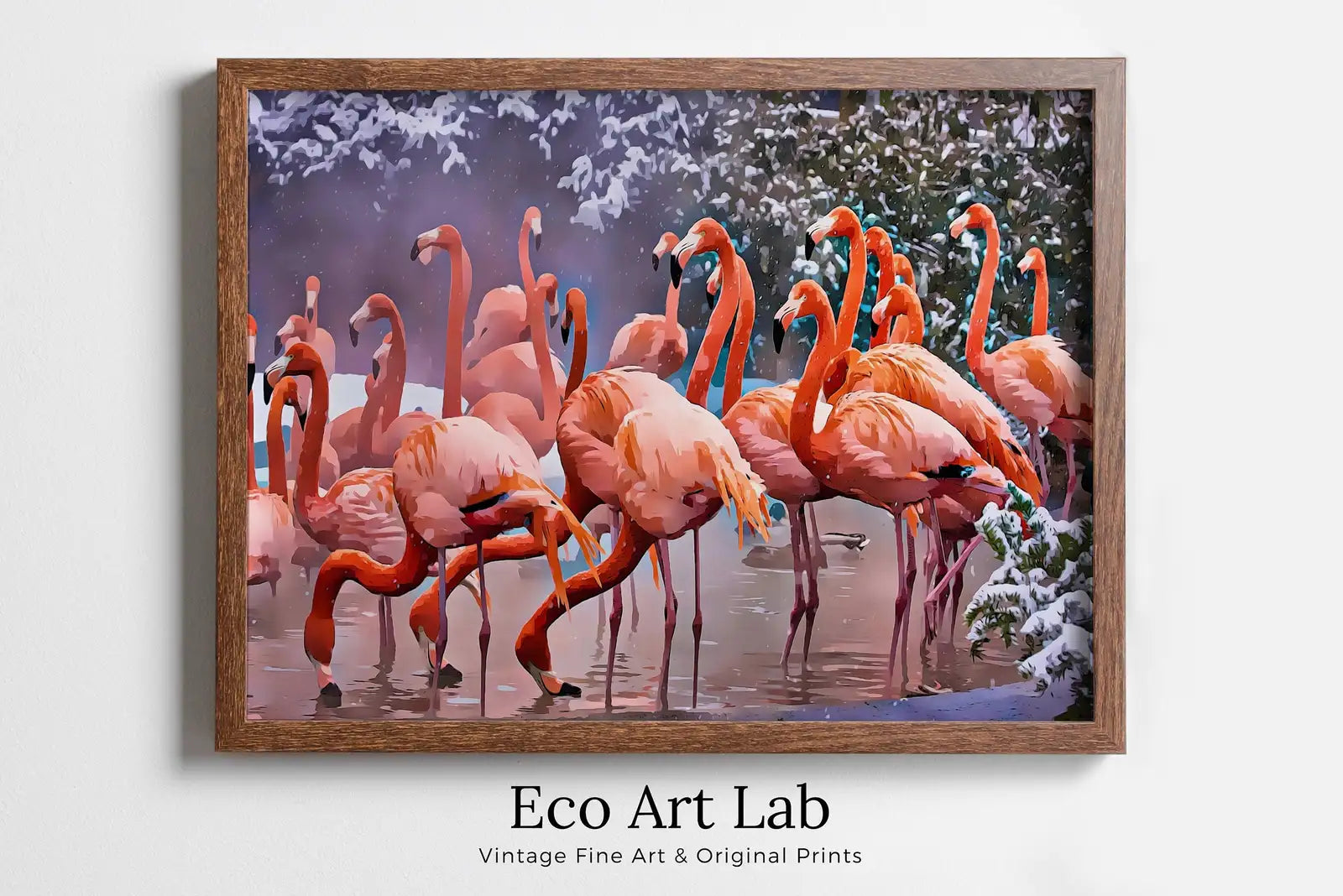 Framed view of Flamingo Print in Winter, Instant Digital Download, Printable Wall Art Poster, Birds Photography, Pastel Pink, Tropical Decor – printable wall art digital download.