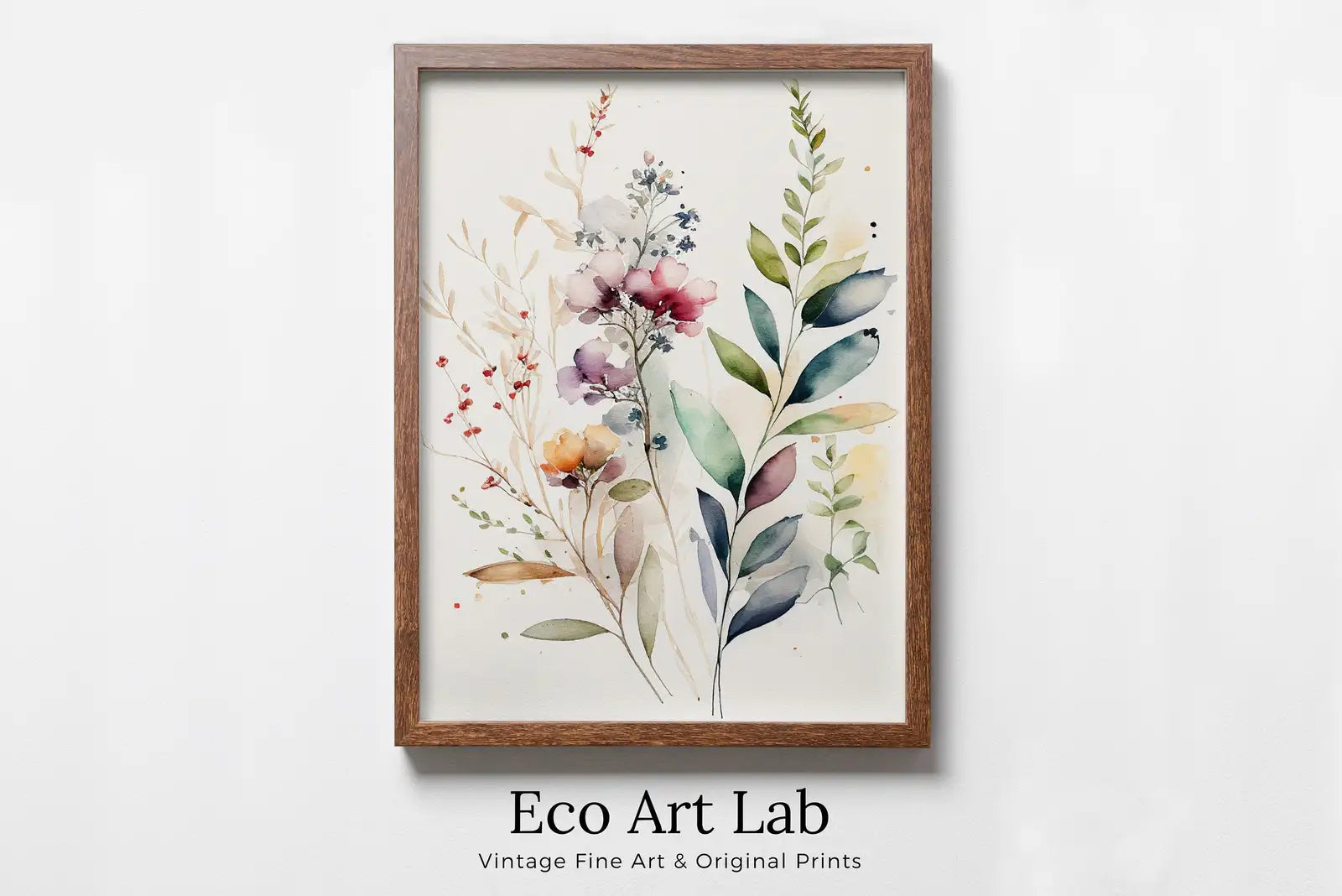 Framed view of Floral Minimalist Art. Watercolor Botanical Print. Boho Floral Art. Floral Printable Wall Art. Printable Flower Watercolor. Wild Flowers Art – printable wall art digital download.