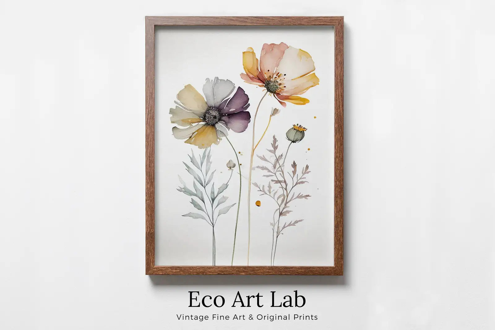 Framed view of Floral Printable Wall Art. Boho Floral Art. Watercolor Botanical Print. Printable Flower Watercolor. Wild Flowers Art. Floral Minimalist Art – printable wall art digital download. (variation 2)