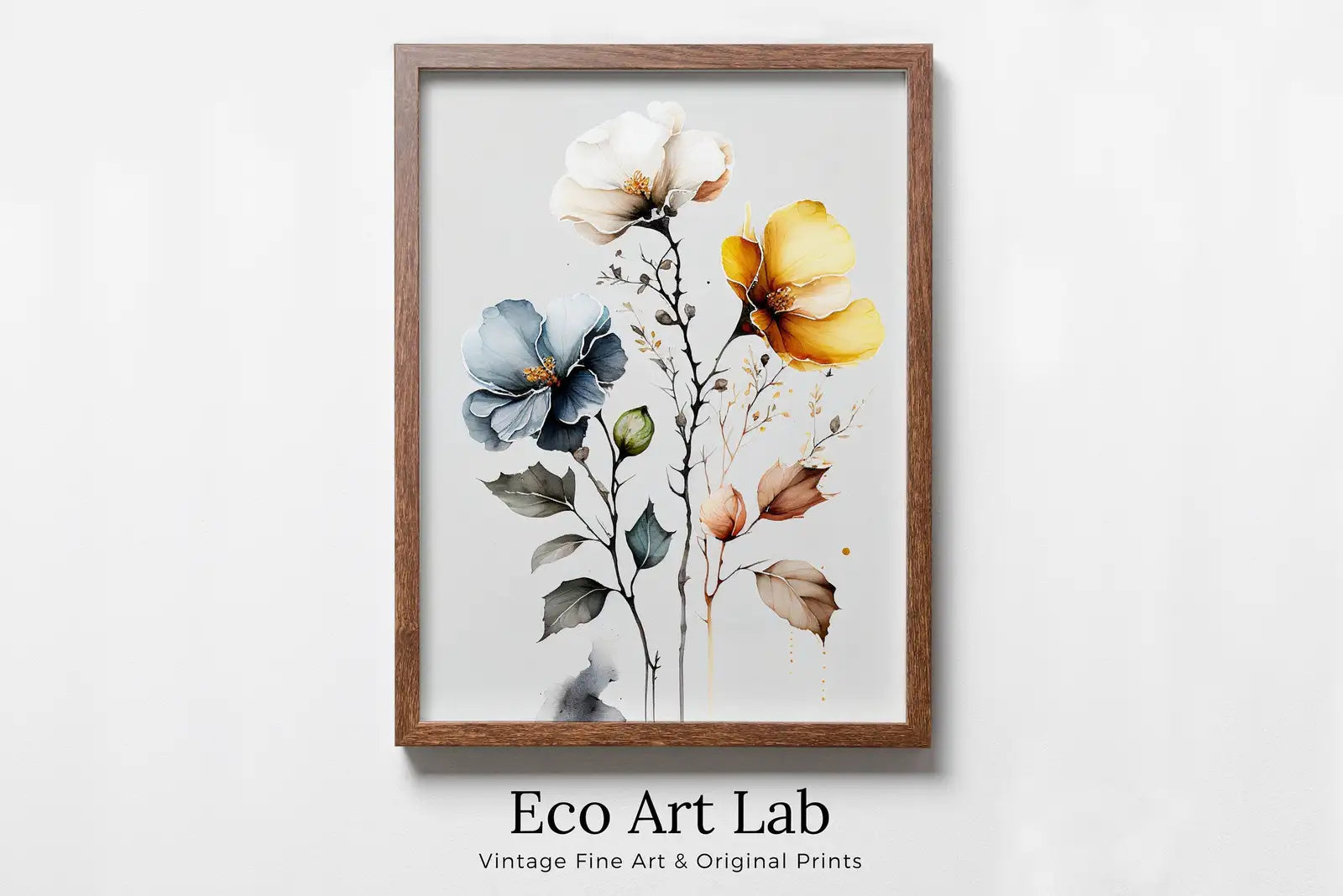 Framed view of Floral Printable Wall Art. Watercolor Botanical Print. Boho Floral Art. Printable Flower Watercolor. Wild Flowers Art. Floral Minimalist Art – printable wall art digital download.