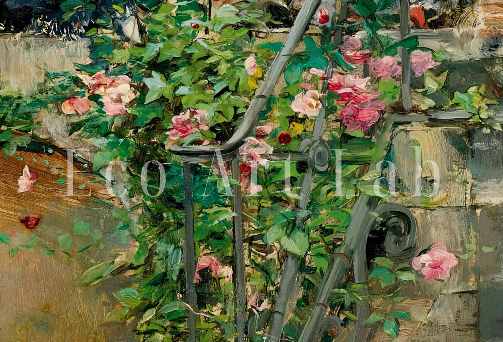 Detail view of artwork from Flowers Garden Painting. Women Portrait. Vintage Landscape Print. On the terrace by Giovanni Boldini. Printable Wall Art. Digital Download. (variation 1)