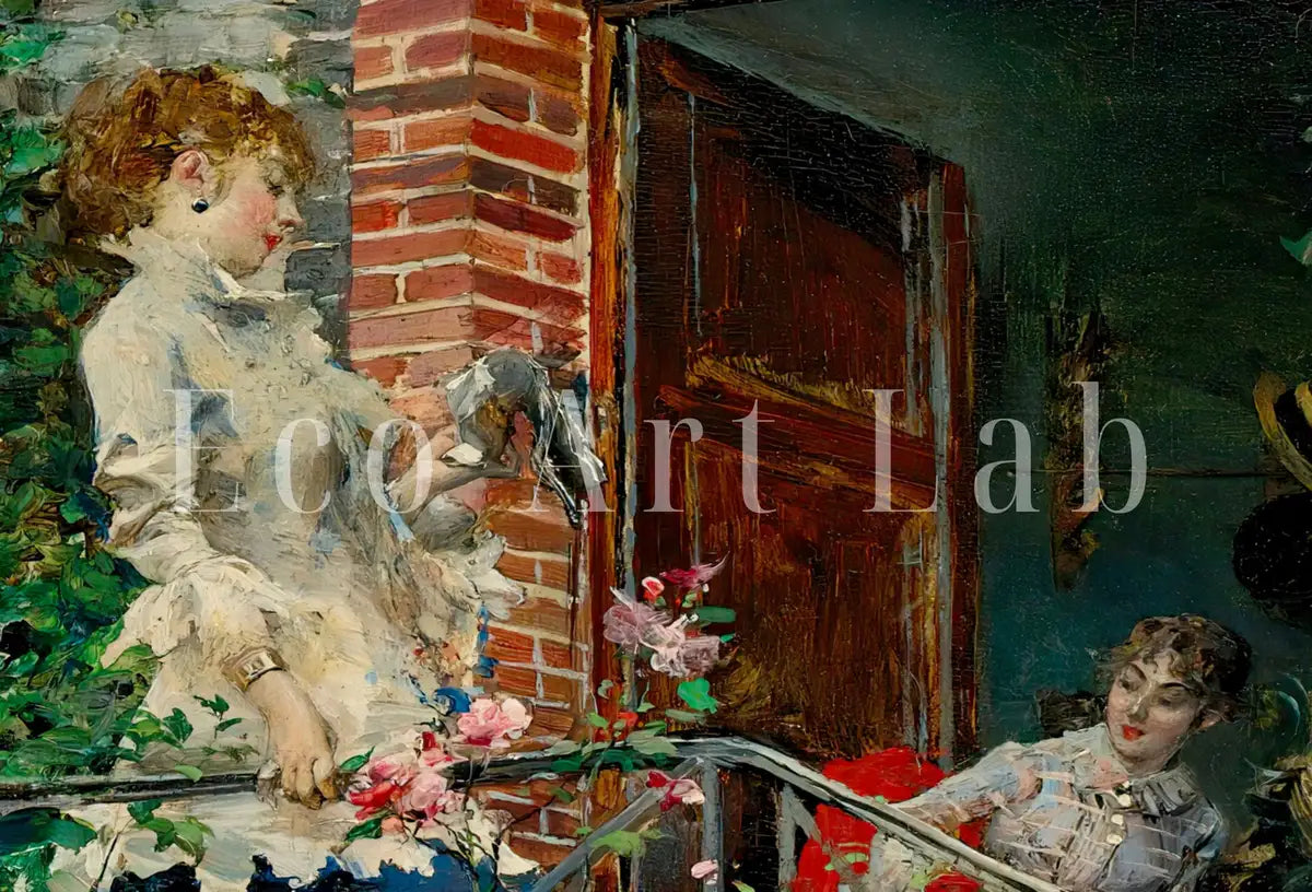 Detail view of artwork from Flowers Garden Painting. Women Portrait. Vintage Landscape Print. On the terrace by Giovanni Boldini. Printable Wall Art. Digital Download. (variation 2)
